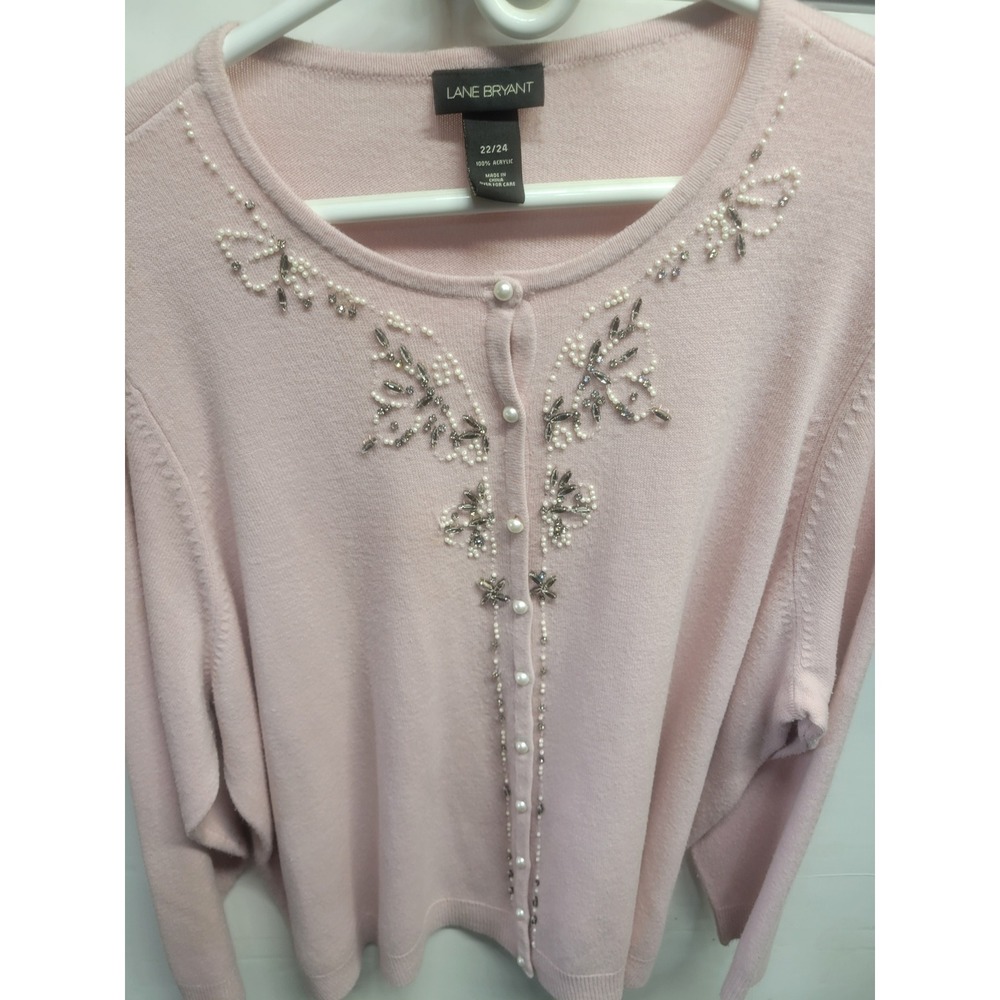Lane Bryant Pink Embellished Pearl Rhinestone Cardigan Sweater Plus Size 22/24
